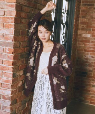 earth music&ecology フラワージャガードラメシャギーカーディガン Bordeaux