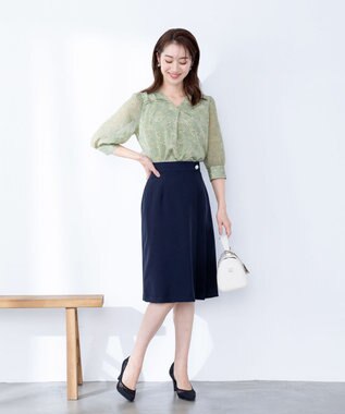 Tiaclasse L 【洗える】花柄Vネックブラウス グリーン