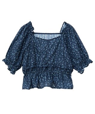 earth music&ecology フラワー刺繍フリルヘムブラウス Navy