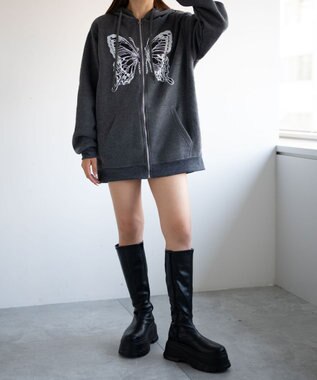 WEGO バタフライBIGZIPパーカー ブラック中濃色