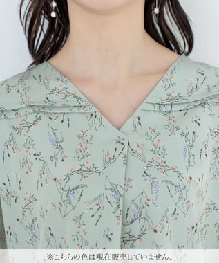 Tiaclasse L 【洗える】花柄Vネックブラウス ネイビー