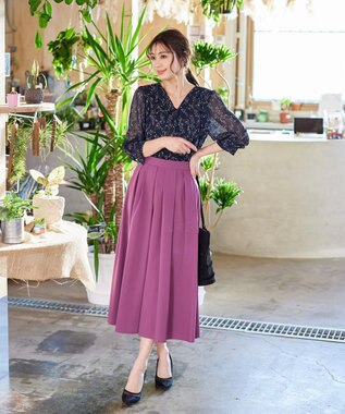 Tiaclasse L 【洗える】花柄Vネックブラウス ネイビー