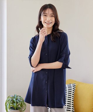 Tiaclasse 【新色追加・洗える】バンドカラーシャツチュニックブラウス ネイビー