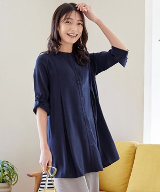 Tiaclasse 【新色追加・洗える】バンドカラーシャツチュニックブラウス ネイビー