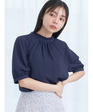 earth music&ecology ２ｗａｙスタンドフリル半袖ブラウス Navy