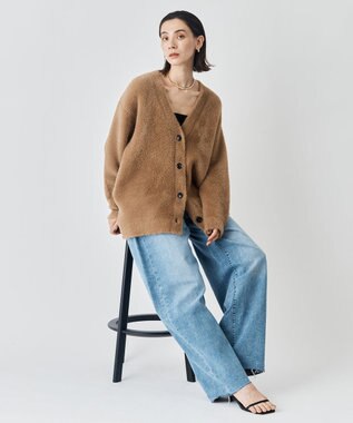 UNFILO ナイロンシャギー Vネックカーディガン キャメル