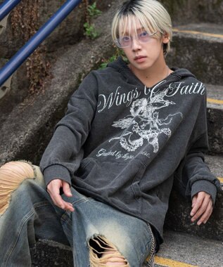 WEGO 【ユニセックス着用ITEM】ヴィンテージグラフィックキーネックプルパーカー ブラックその他