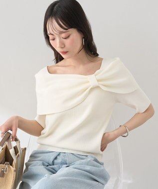 earth music&ecology リボン半袖ニットプルオーバー Ivory