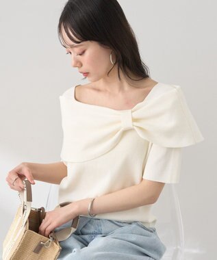 earth music&ecology リボン半袖ニットプルオーバー Ivory