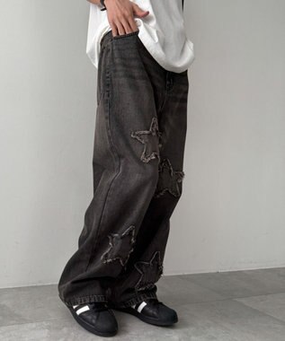 WEGO スターモチーフオーバーダイバギーパンツ ブラック