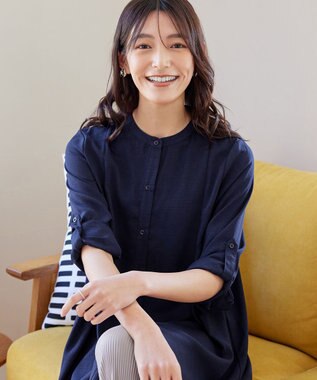 Tiaclasse 【新色追加・洗える】バンドカラーシャツチュニックブラウス ネイビー