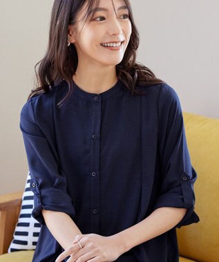 Tiaclasse 【新色追加・洗える】バンドカラーシャツチュニックブラウス ネイビー