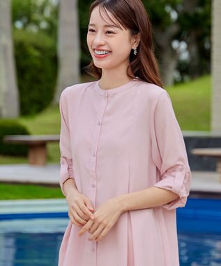 Tiaclasse 【新色追加・洗える】バンドカラーシャツチュニックブラウス ピンク