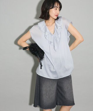 Green Parks ノースリーブストライプフリルブラウス Light Gray