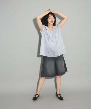 Green Parks ノースリーブストライプフリルブラウス Light Gray