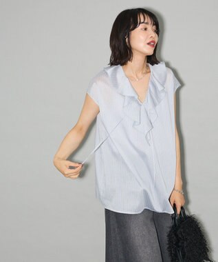 Green Parks ノースリーブストライプフリルブラウス Light Gray