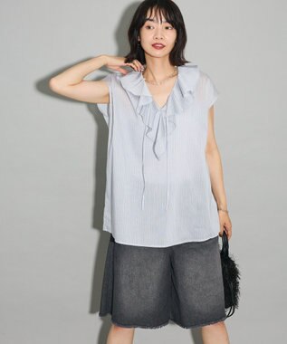 Green Parks ノースリーブストライプフリルブラウス Light Gray