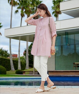 Tiaclasse 【新色追加・洗える】バンドカラーシャツチュニックブラウス ピンク