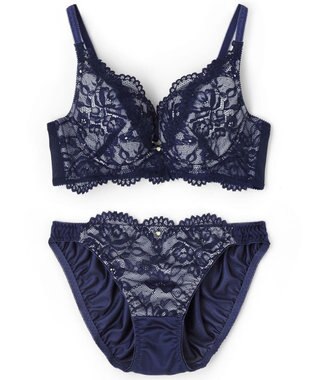 San-ai Resort（三愛水着楽園） 【WEB限定】【northerly bra 楽ちんフィットシリーズU字】 フリルレースブラショーツセット B～Fカップ 【northerly】 ネイビー