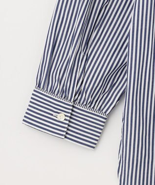 J.PRESS LADIES 【洗える】 コンパクトコットン ストライプ バンドカラー ブラウス ネイビー系1