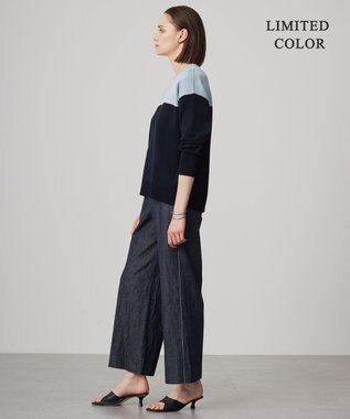 ICB 【WEB限定カラーあり・洗える】コットンポリエステルスムース  ニットプルオーバー サックスブルー×ネイビー系［WEB限定］