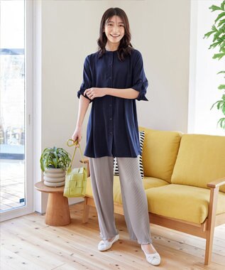 Tiaclasse 【新色追加・洗える】バンドカラーシャツチュニックブラウス ネイビー