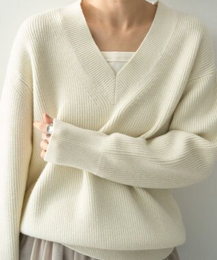 AMERICAN HOLIC ラメ入りＶネック片畦ニットプルオーバー Ivory