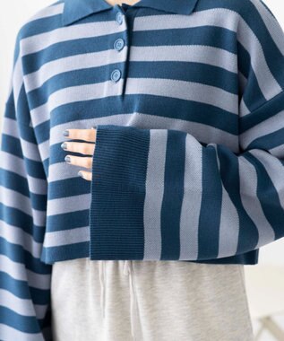 WEGO ボーダーニットポロ ブルーボーダー