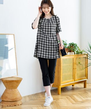 Tiaclasse 【洗える】体型カバーも叶う幅広カフスチュニックブラウス ブラックチェック