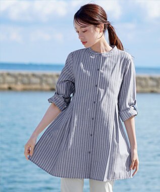 Tiaclasse 【新色追加・洗える】バンドカラーシャツチュニックブラウス ネイビーストライプ