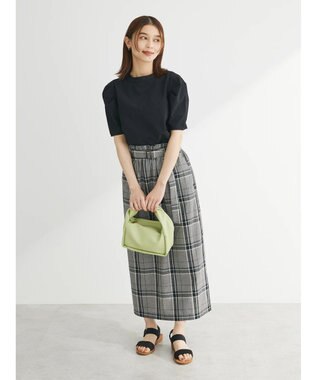 Green Parks 綿麻混バックルベルト付タイトスカート Check Black