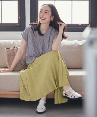 ANY 【ウエストゴム】リネンライクエアーヴィンテージ プリーツスカート イエローグリーン