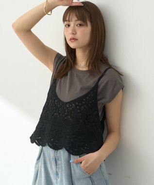 earth music&ecology ＳＥＴ２点　クロシェキャミ＋ノースリーブプルオーバー Black