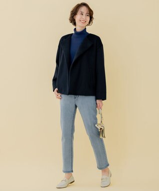 自由区 【WEB限定】ブラッシュドビーバー ショート丈ノーカラーコート ネイビー系