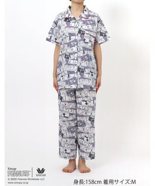 WACOAL ワコール_リラックス＆スリープ パジャマ 5分袖 半袖 8分丈 綿100%(本体) PEANUTS スヌーピー レディース FDT157 /ワコール グレー