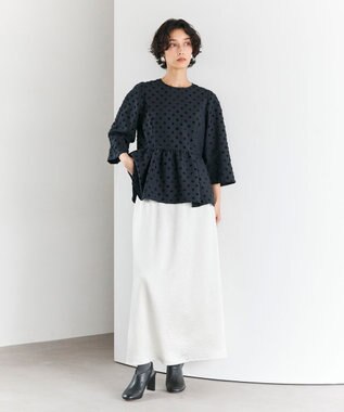 #Newans 【洗濯機可】ジャガ―ドドットペプラムブラウス ネイビー