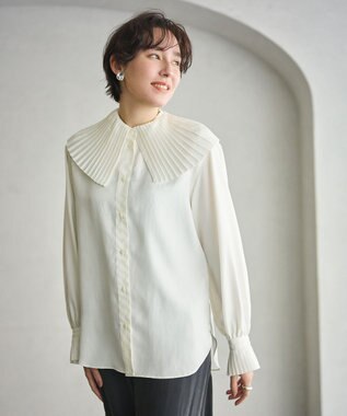 #Newans 【シワになりにくい/洗濯機可能】プリーツカラーブラウス ホワイト