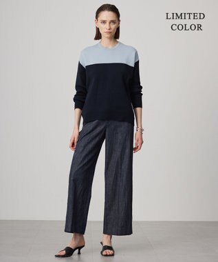 ICB 【WEB限定カラーあり・洗える】コットンポリエステルスムース  ニットプルオーバー サックスブルー×ネイビー系［WEB限定］