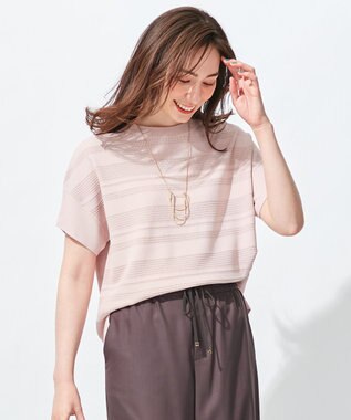 自由区 【洗える】クレープストレッチボーダー ニット ピンク系