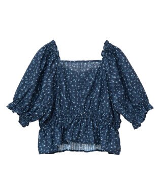 earth music&ecology フラワー刺繍フリルヘムブラウス Navy