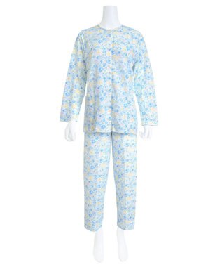 Wing 【数量限定　特別価格】 パジャマ 長袖 長ズボン 綿混(本体) キルトニット素材 保温性 あたたかい 前開きタイプ 丸首 レディース EP6912 ウイング／ワコール サックス