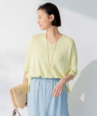 自由区 【新型登場！/WEB限定カラー有】ハイツイストコットンアセテート ニット5分袖 ライトグリーン系