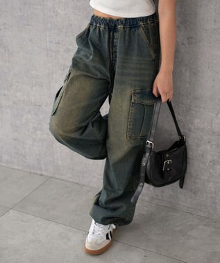 WEGO 【XS～Mサイズ展開/ウエストゴム 】デニムイージーパラシュートカーゴパンツ デニム中濃色