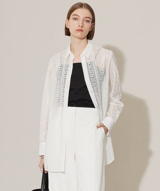 ICB 【洗える】 ストライプラッセルレース シャツ オフホワイト系