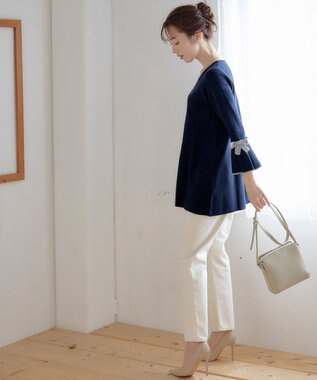 Tiaclasse L 【洗える】ミラノリブ編みのフレア袖ニットチュニック ネイビーグレー