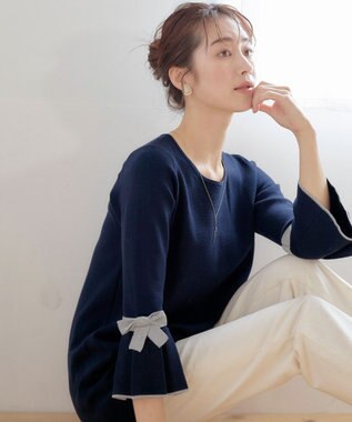 Tiaclasse L 【洗える】ミラノリブ編みのフレア袖ニットチュニック ネイビーグレー