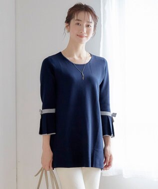 Tiaclasse L 【洗える】ミラノリブ編みのフレア袖ニットチュニック ネイビーグレー