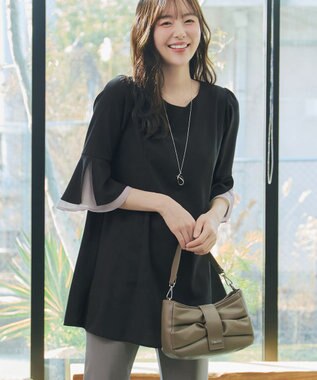 Tiaclasse 【新色追加】シフォンフレア袖チュニックブラウス ブラック