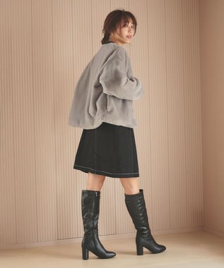 Feroux ノーカラーファー ジャケット ライトグレー系