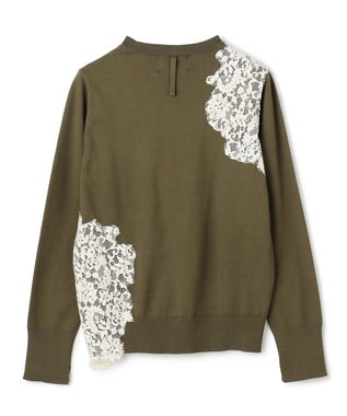 BEIGE， WILLOW / アシンメトリーレースクルーネックニット Khaki × White